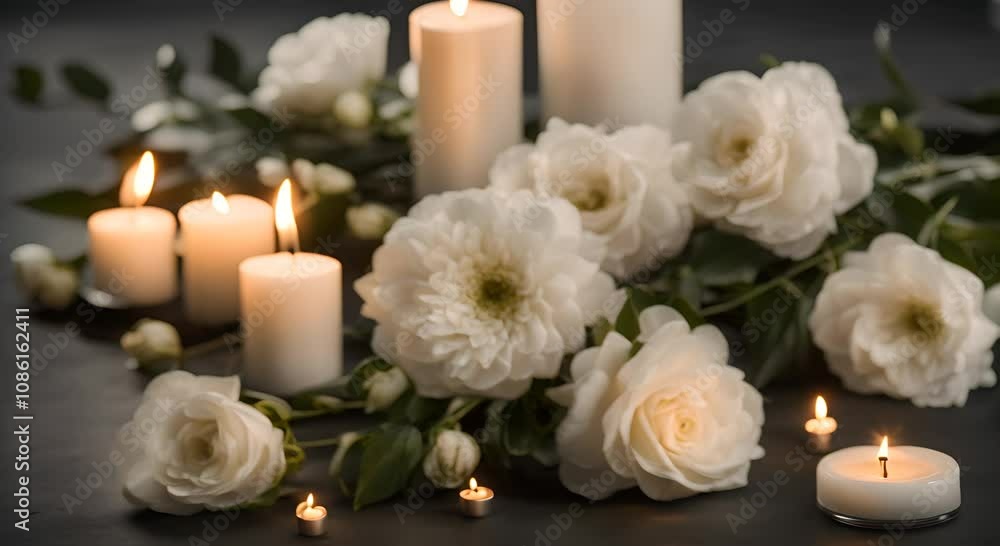 Solemn funeral white flowers and candles on dark background memory and grief wallpaper 4K Solemn funeral white flowers and candles on dark background memory and grief wallpaper 4K