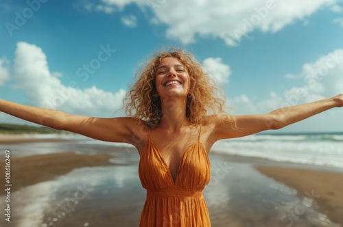 Uma jovem radiante, de braços abertos, celebra a vida em uma praia ensolarada. A imagem captura a essência da felicidade, da liberdade e do desejo de aproveitar cada momento photo