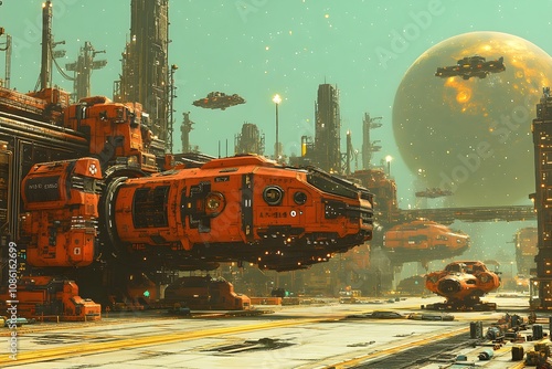 Fototapeta Naklejka Na Ścianę i Meble -  A futuristic industrial scene featuring large orange spaceships and a distant planet.