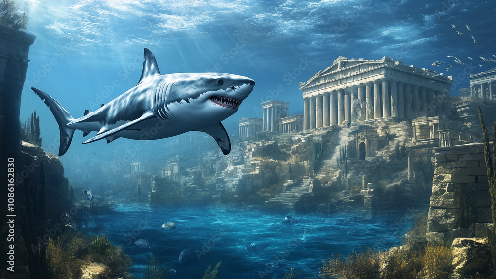 Fototapeta premium Ancient Depths: A Great White Shark Among Greek Acropolis Ruins