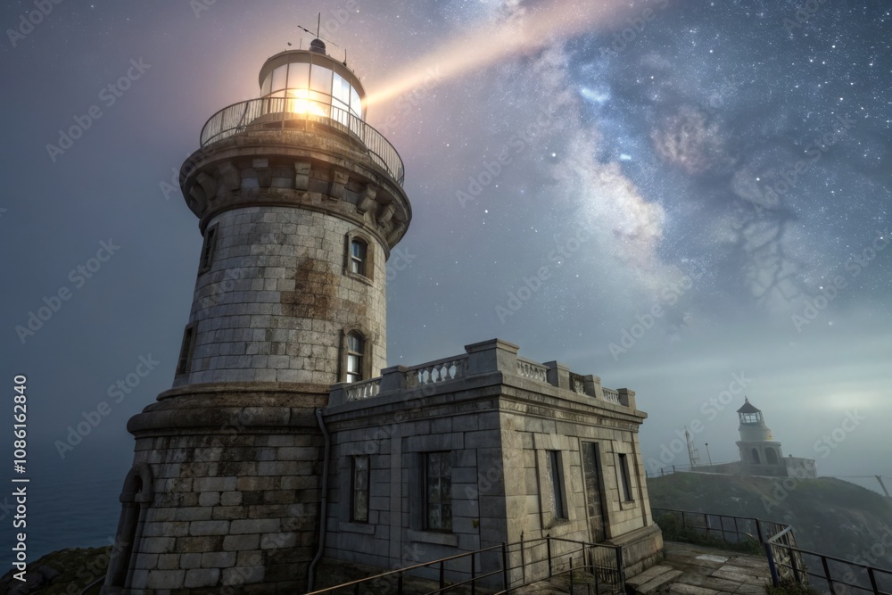 A historic lighthouse illuminates the night sky with its powerful beam while stars twinkle in the background at a coastal location A historic lighthouse illuminates the night sky with its powerful beam while stars twinkle in the background at a coastal location