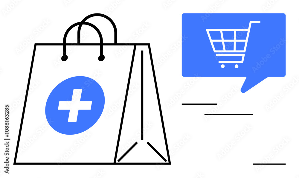 Shopping bag with medical cross symbol and speech bubble featuring shopping cart. Ideal for online healthcare, e-commerce, medical supplies, pharmacy, telemedicine, digital health, and retail. Line Shopping bag with medical cross symbol and speech bubble featuring shopping cart. Ideal for online healthcare, e-commerce, medical supplies, pharmacy, telemedicine, digital health, and retail. Line
