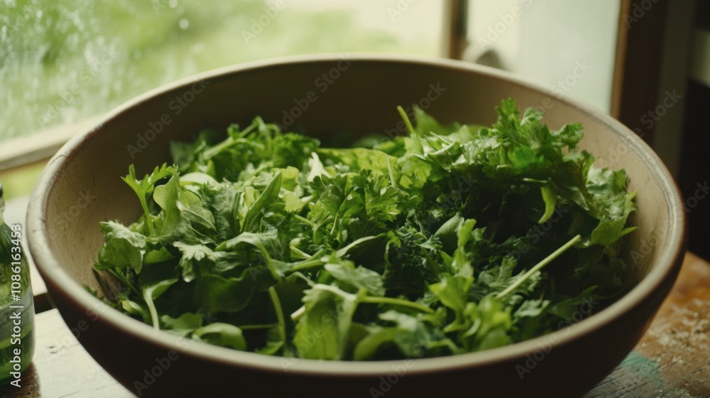Fresh Green Herbs in Rustic Bowl by Window Fresh Green Herbs in Rustic Bowl by Window