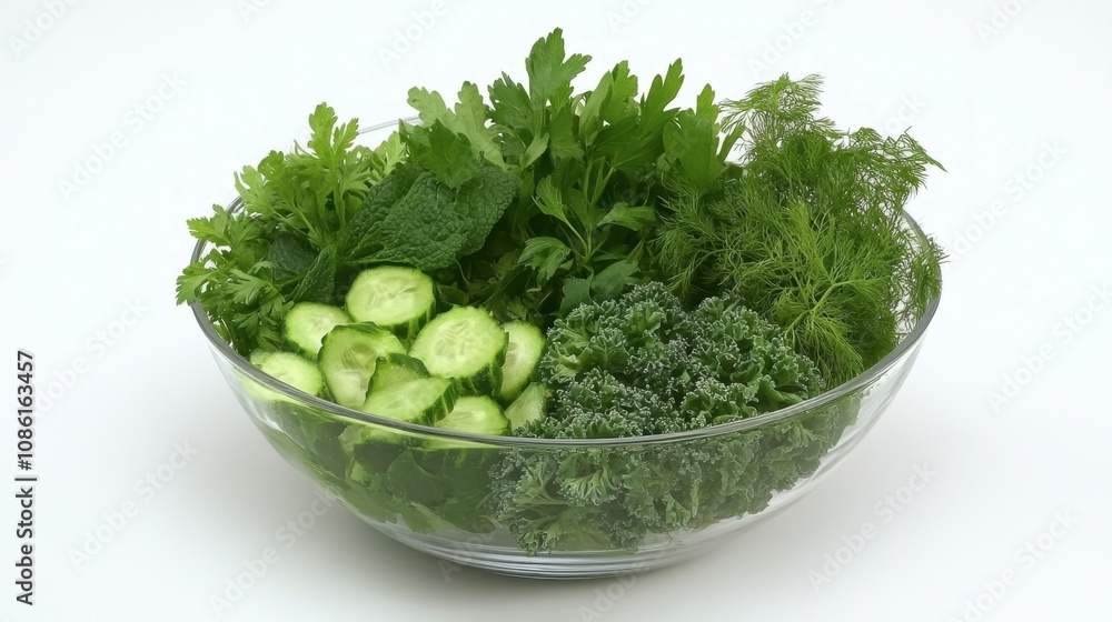 Fresh Green Herbs and Vegetables in a Clear Bowl Fresh Green Herbs and Vegetables in a Clear Bowl