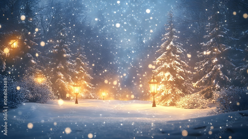 Snowy Forest Path with Illuminated Lanterns Snowy Forest Path with Illuminated Lanterns