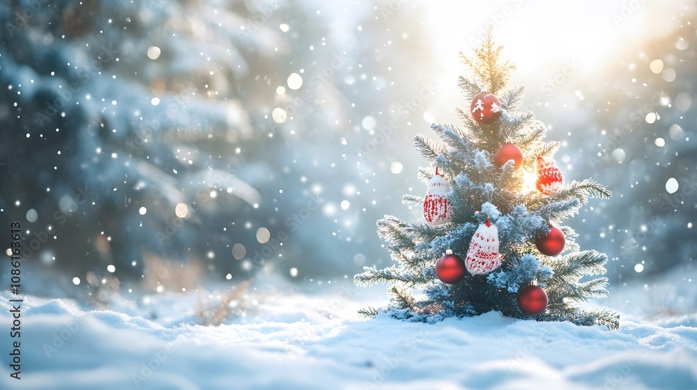 A Small Christmas Tree Adorned with Red Ornaments in a Snowy Forest A Small Christmas Tree Adorned with Red Ornaments in a Snowy Forest