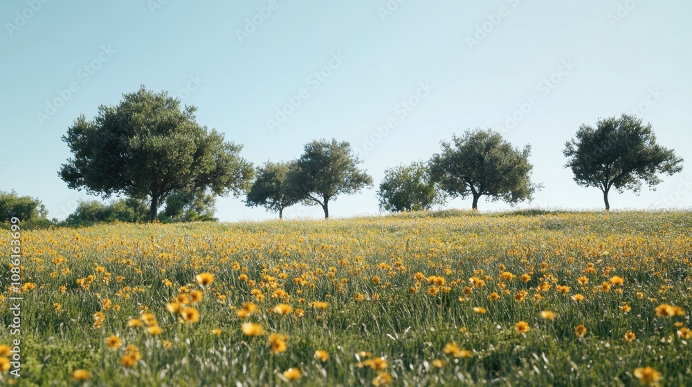 Vibrant Meadow with Wildflowers and Trees in Sunny Sky Vibrant Meadow with Wildflowers and Trees in Sunny Sky