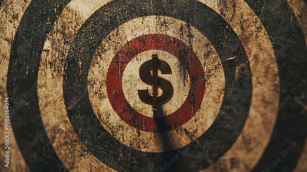 Target marked with a dollar symbol emphasizing financial goals and aspirations in a rustic setting Target marked with a dollar symbol emphasizing financial goals and aspirations in a rustic setting