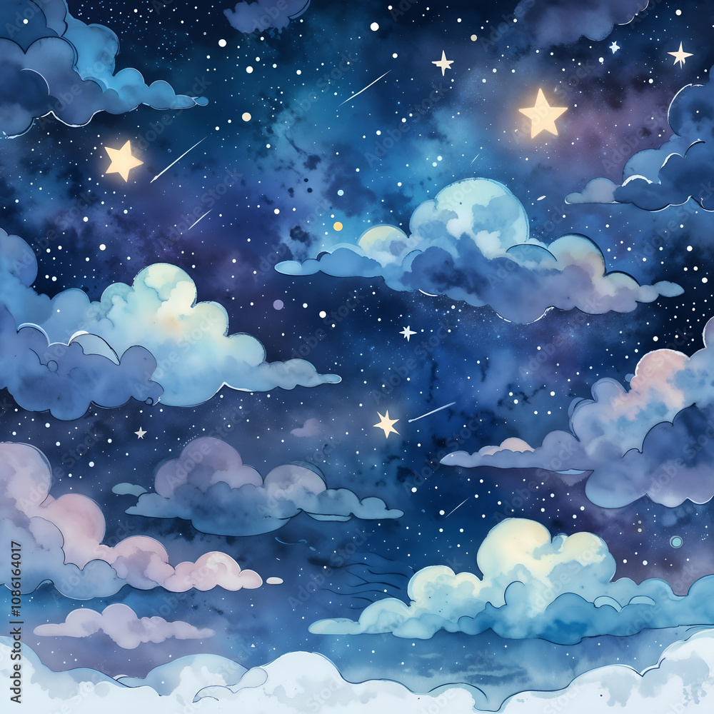 A dreamy night sky with clouds, a glowing moon, and scattered stars, evoking a magical and serene atmosphere. Generative AI A dreamy night sky with clouds, a glowing moon, and scattered stars, evoking a magical and serene atmosphere. Generative AI