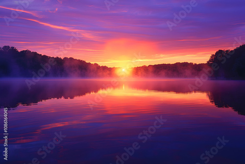 Magnificent Sunrise Over Serene Lake with Misty Reflections and Silhouetted Trees