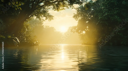 Serene Sunrise Over Calm Waters in Lush Environment