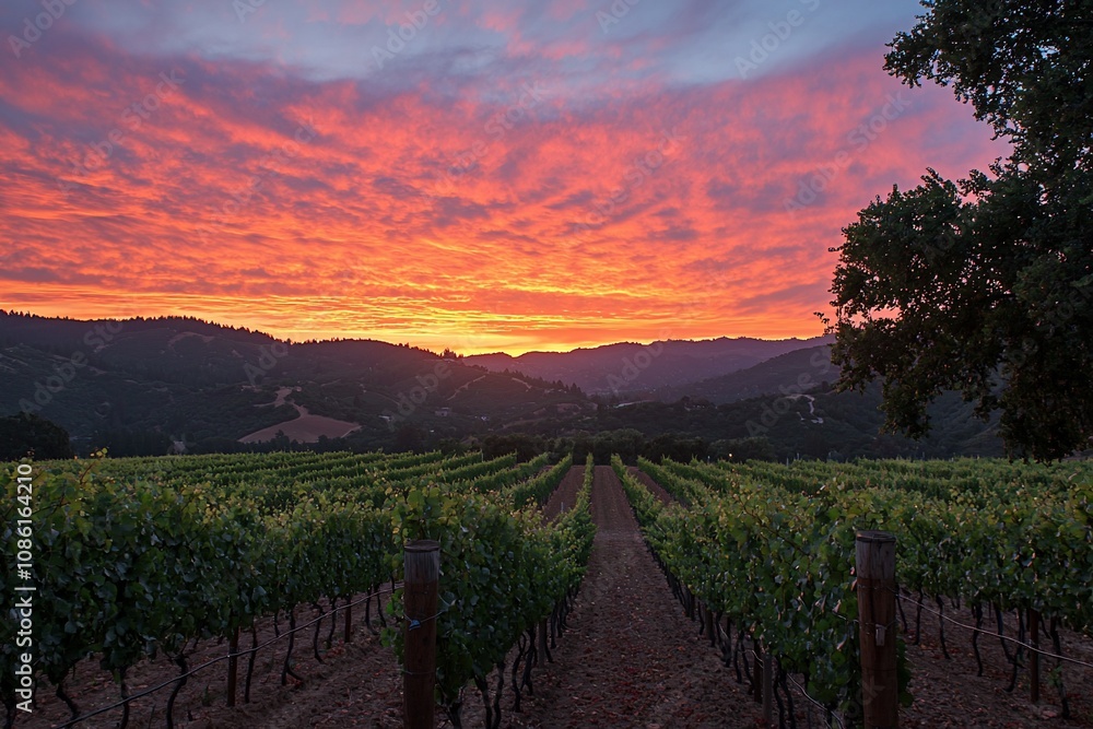 Naklejka premium Breathtaking Sunset Over Vineyards in a Serene Landscape