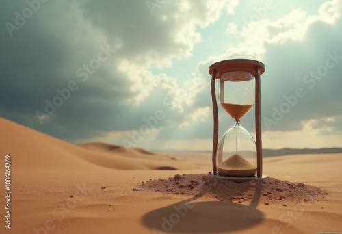Obraz na płótnie A wooden hourglass stands alone in a vast desert under a dramatic cloudy sky during golden hour as time slips away w salonie