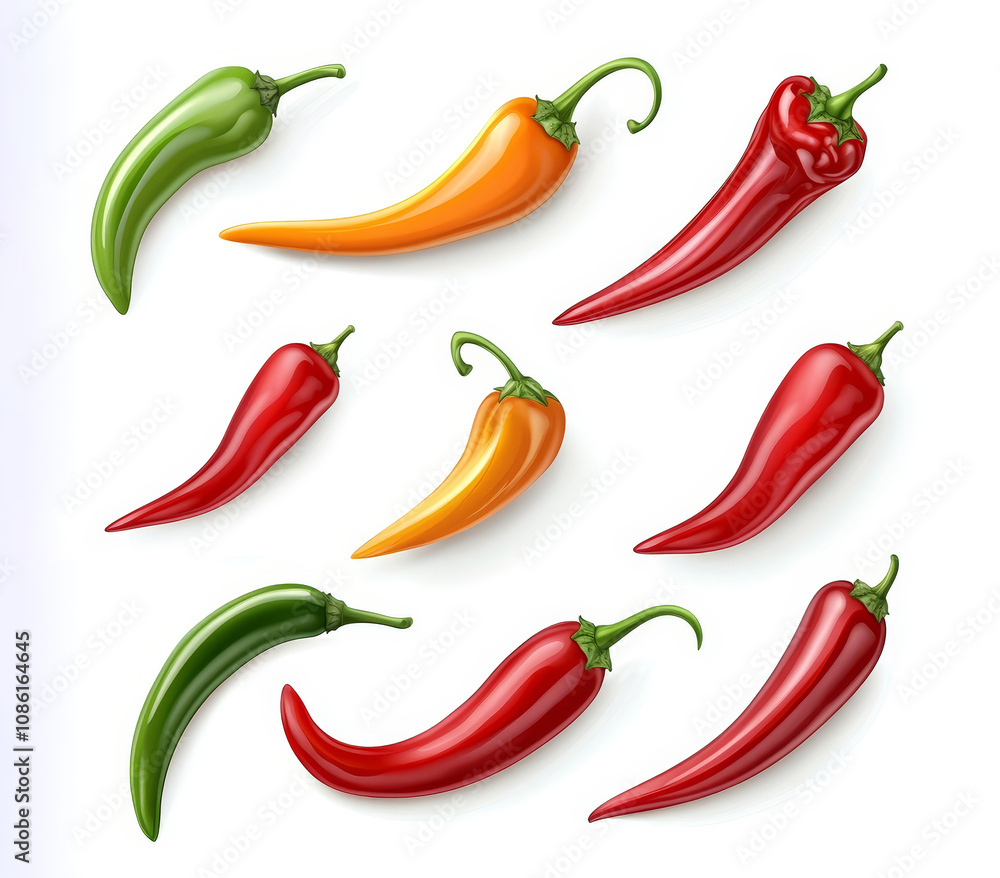 Set of chili peppers, red and hot peppers isolated on white background. Set of chili peppers, red and hot peppers isolated on white background.