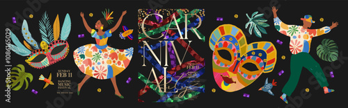 Carnival. 2025. Vector modern abstract illustration of dancing Brazilian woman at carnival in Brazil, sequins background, Venetian mask, icons for poster, cover, flyer, invitation or leaflet