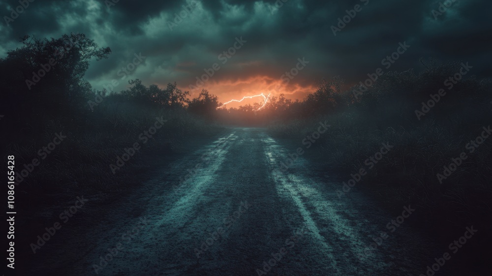 Naklejka premium Dramatic Sky Over Dark Road at Sunset