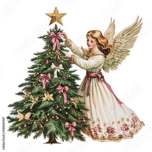 PNG Angel decorating a Christmas tree with pink bows