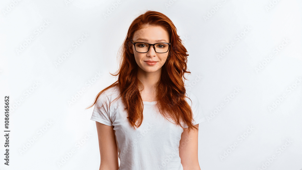 Red-Haired Student Girl In Eyeglasses Standing Smiling To Camera Posing Over White Studio Background. Panorama Red-Haired Student Girl In Eyeglasses Standing Smiling To Camera Posing Over White Studio Background. Panorama