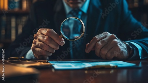 Close-up of businessman examining documents with magnifying glass.