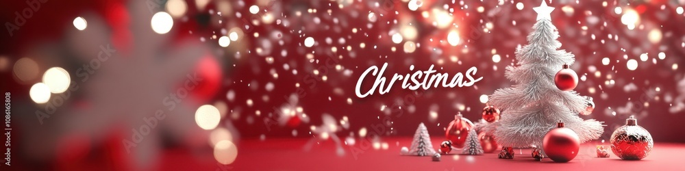 Christmas design in red and white colors with snowflakes, white Christmas tree, falling snow, and ornaments against a red background. Christmas design in red and white colors with snowflakes, white Christmas tree, falling snow, and ornaments against a red background.