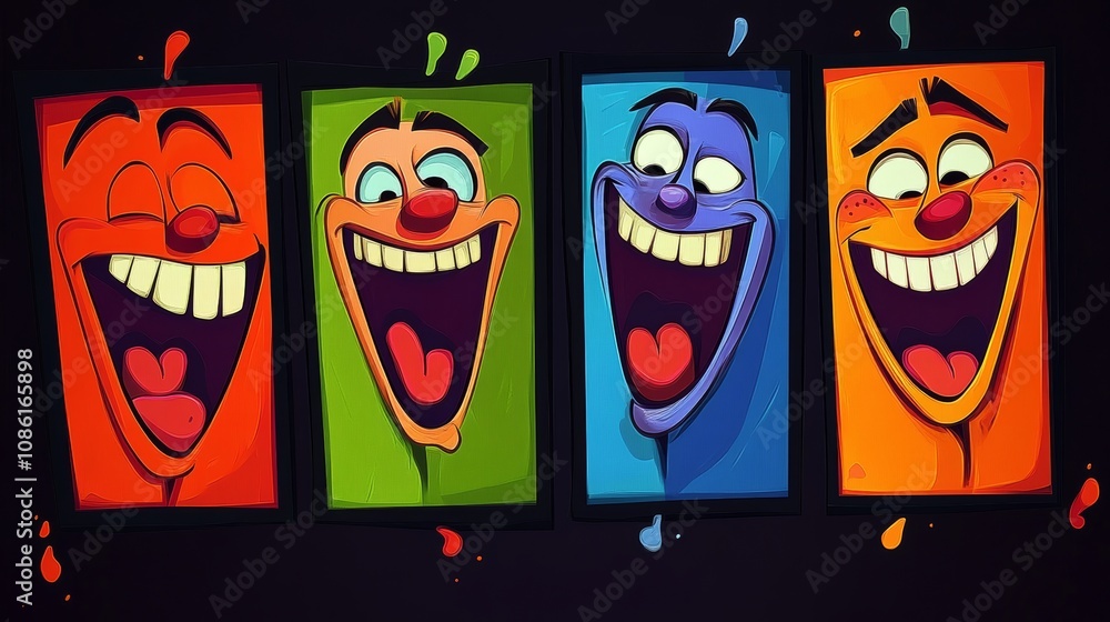 Colorful cartoon characters with big smiles in a cheerful arrangement celebrating happiness and joy in a playful art style