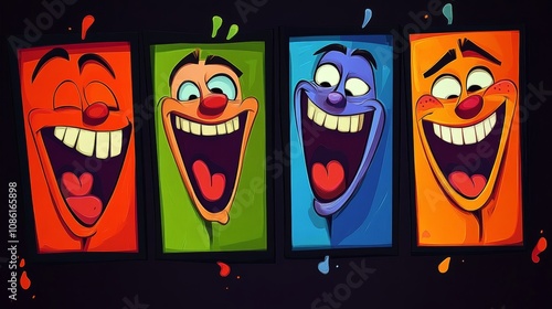 Obraz na płótnie Colorful cartoon characters with big smiles in a cheerful arrangement celebrating happiness and joy in a playful art style w salonie
