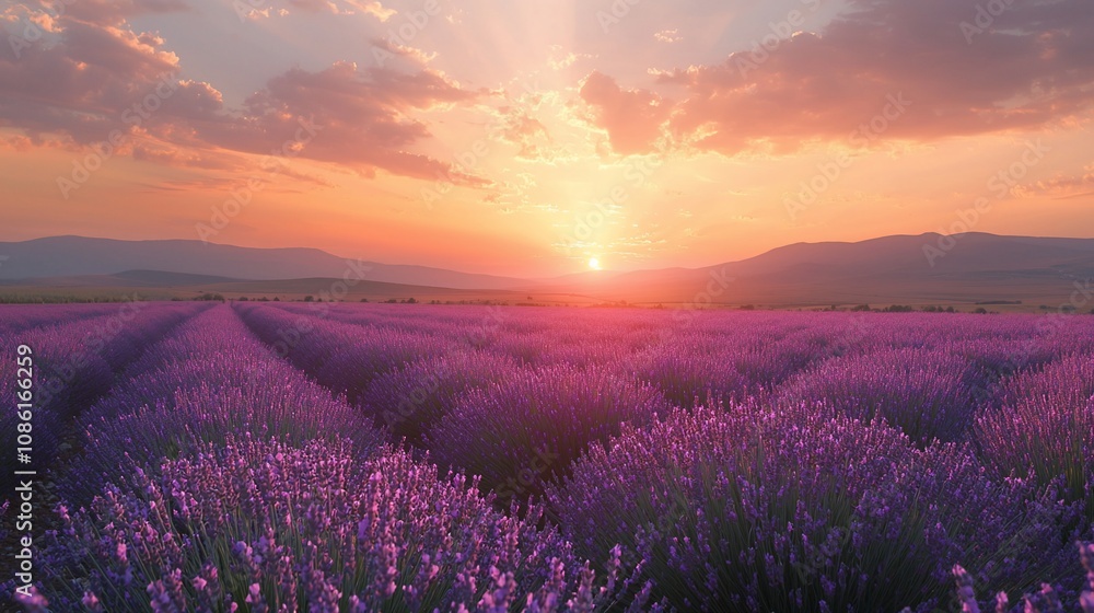 Fototapeta premium Breathtaking Lavender Fields at Sunset: Nature's Serenity