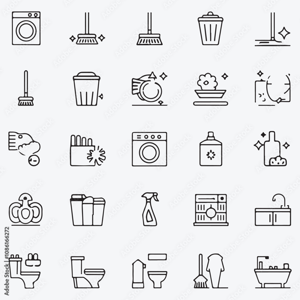 Minimalist Line-Art Cleaning and Household Maintenance Icons for Guides and Apps – Monochromatic Sparkling Designs Minimalist Line-Art Cleaning and Household Maintenance Icons for Guides and Apps – Monochromatic Sparkling Designs