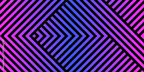 Vector geometric seamless pattern with stripes, chevron, diagonal lines. Abstract urban sport graphic texture. Trendy 1980s - 1990s style background. Neon blue and pink gradient. Repeat modern design