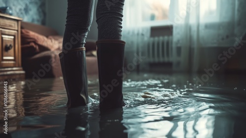 Person standing in flooded living room wearing rubber boots during a rainy day with water reflecting light from windows