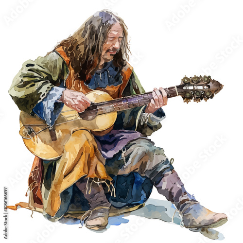 A watercolor of a Medieval Bard with a Lute, isolated on a white background. Medieval Bard with a Lute vector.