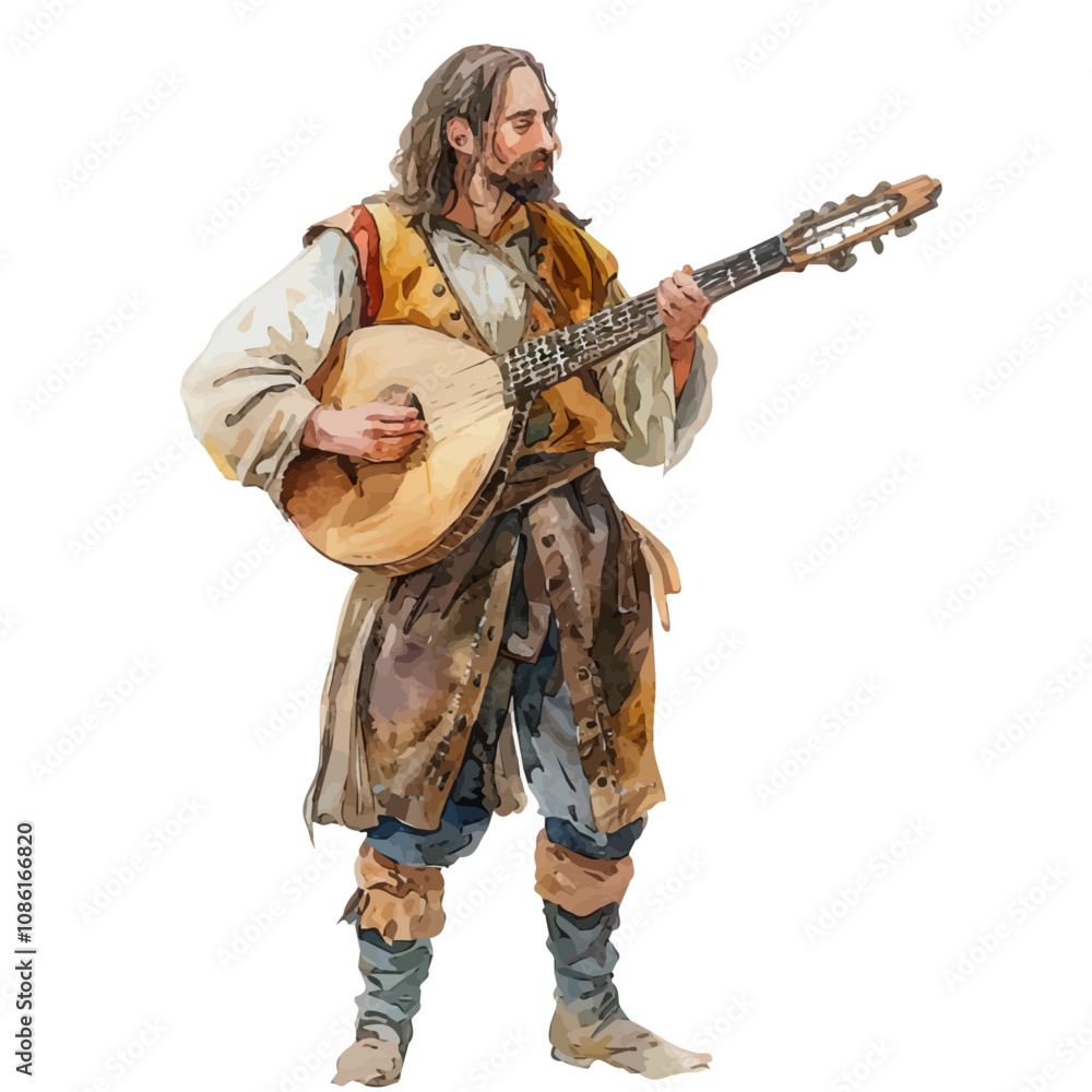 A watercolor painting of a Medieval Bard with a Lute, isolated on a white background. Medieval Bard with a Lute vector. A watercolor painting of a Medieval Bard with a Lute, isolated on a white background. Medieval Bard with a Lute vector.