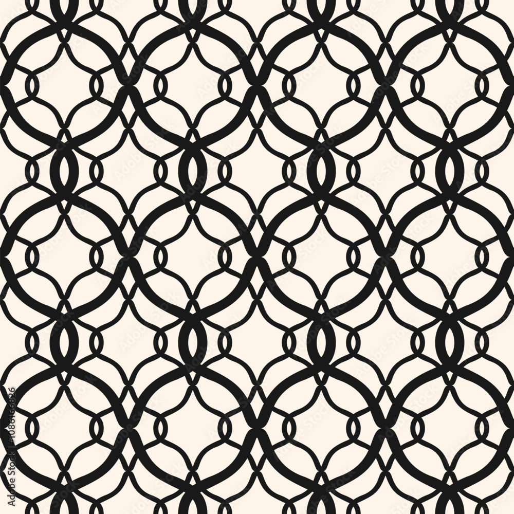 Naklejka premium Abstract geometric seamless pattern. Black and white ornament background. Vector monochrome texture with grid, lattice, mesh, lace, grating, fence, net. Modern oriental pattern. Repeated geo design