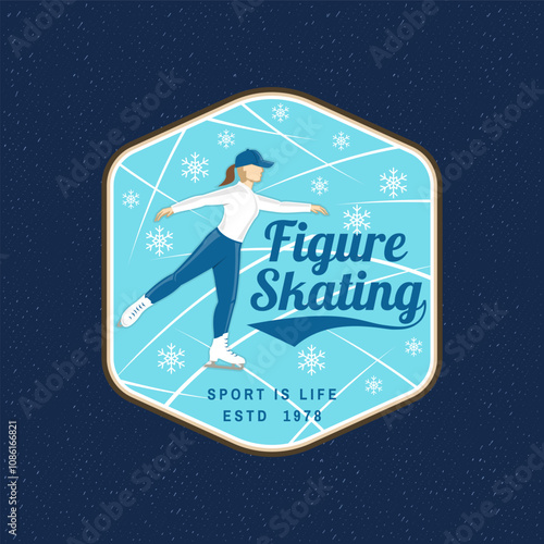 Ice Skate club logo, badge, patch design. Concept for shirt or logo, print, stamp or tee with ice skater girl. Winter sport. Vector illustration.