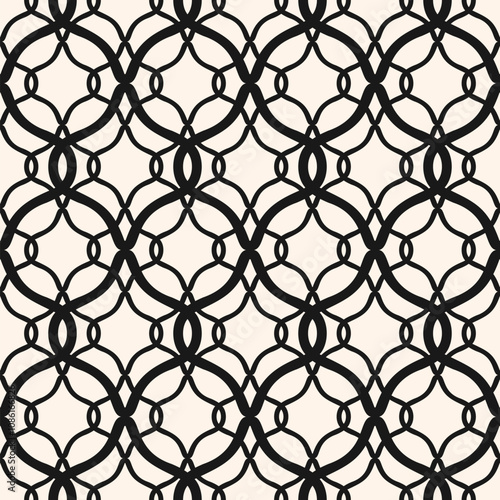 Abstract geometric seamless pattern. Black and white ornament background. Vector monochrome texture with grid, lattice, mesh, lace, grating, fence, net. Modern oriental pattern. Repeated geo design