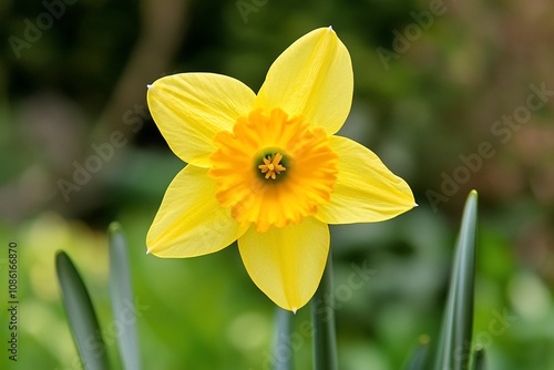 Bright Yellow Daffodil Blooming in a Lush Garden Setting