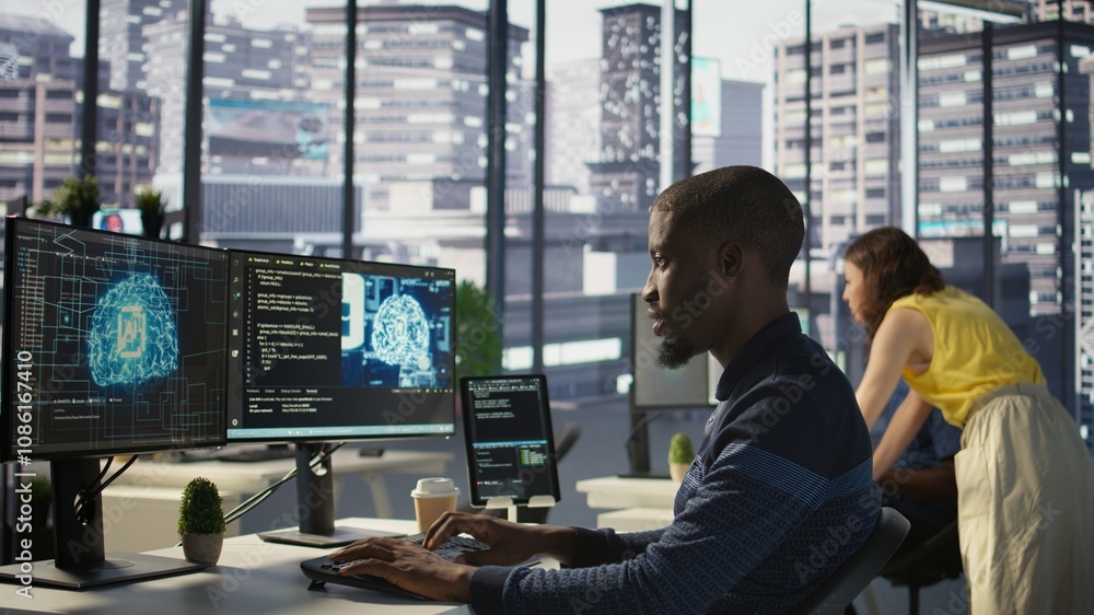 © DC Studio - Programmer creating AI machine learning models that can analyze data to automate decision making processes, handheld camera shot. IT professional doing artificial intelligence programming, camera B © DC Studio - Programmer creating AI machine learning models that can analyze data to automate decision making processes, handheld camera shot. IT professional doing artificial intelligence programming, camera B