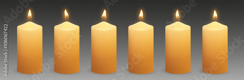 Wax candles with glowing light and flame variations. Realistic paraffin candles. Vector illustration.