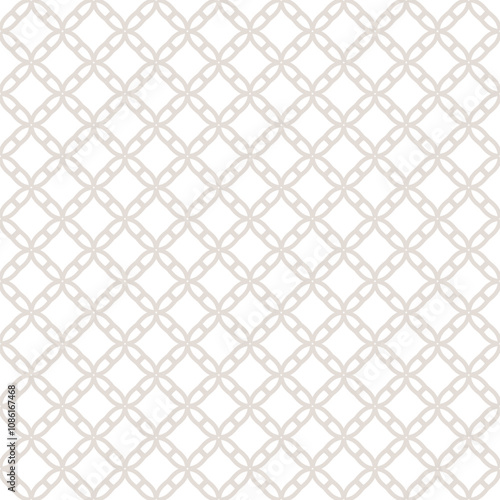 Subtle minimal grid ornament. Vector abstract beige and white geometric seamless pattern with lattice, diamond shapes, flower silhouettes, net. Simple elegant background texture. Repeated geo design