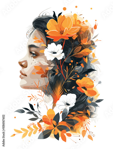 Beautiful Woman with Flowers Vector Illustration.