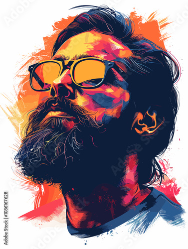 Man with a beard and sunglasses is the main subject of the image. The sunglasses are positioned above his nose, and his hair is styled in a way that makes him look cool and confident
