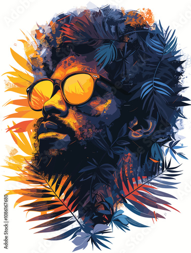 Man with a beard and sunglasses is the main subject of the image. The sunglasses are positioned above his nose, and his hair is styled in a way that makes him look cool and confident