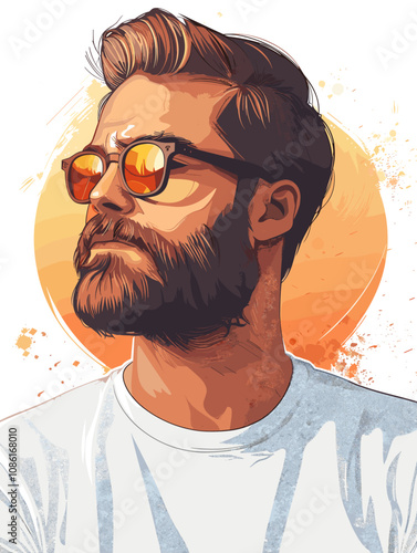 Man with a beard and sunglasses is the main subject of the image. The sunglasses are positioned above his nose, and his hair is styled in a way that makes him look cool and confident