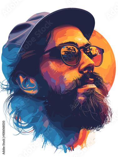 Man with a beard and sunglasses is the main subject of the image. The sunglasses are positioned above his nose, and his hair is styled in a way that makes him look cool and confident