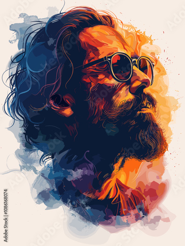 Man with a beard and sunglasses is the main subject of the image. The sunglasses are positioned above his nose, and his hair is styled in a way that makes him look cool and confident