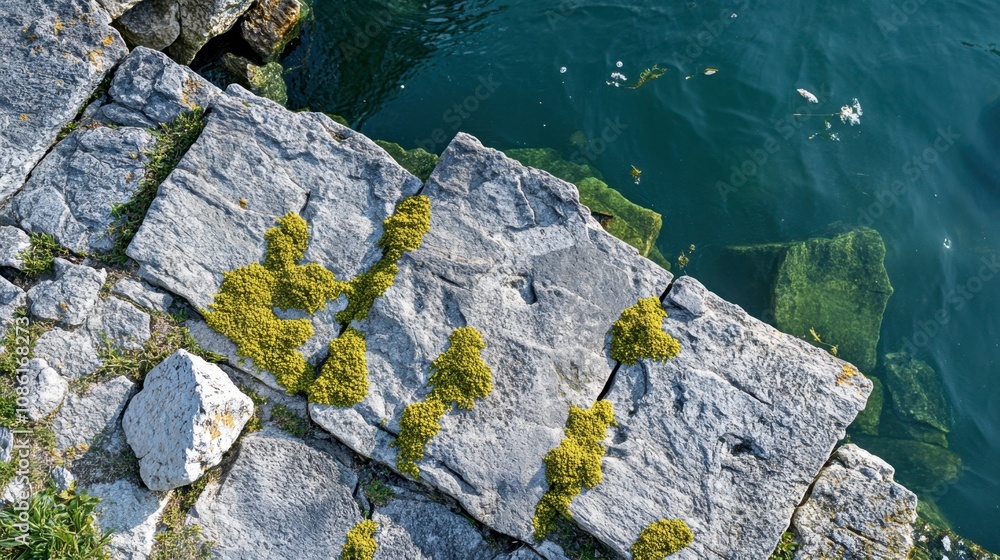 Moss Covered Stones by Calm Water Surface Moss Covered Stones by Calm Water Surface