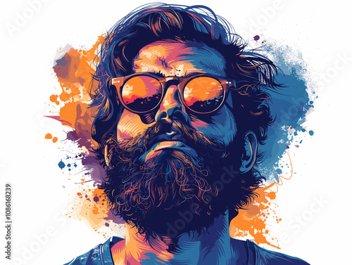 Man with a beard and sunglasses is the main subject of the image. The sunglasses are positioned above his nose, and his hair is styled in a way that makes him look cool and confident