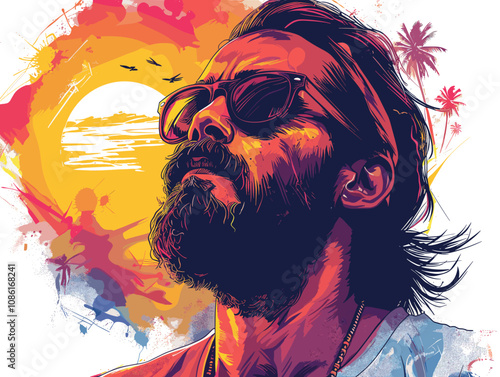 Man with a beard and sunglasses is the main subject of the image. The sunglasses are positioned above his nose, and his hair is styled in a way that makes him look cool and confident