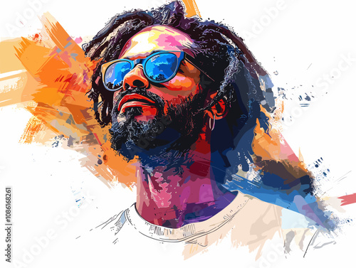 Man with a beard and sunglasses is the main subject of the image. The sunglasses are positioned above his nose, and his hair is styled in a way that makes him look cool and confident