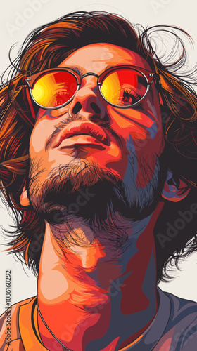 Man with a beard and sunglasses is the main subject of the image. The sunglasses are positioned above his nose, and his hair is styled in a way that makes him look cool and confident